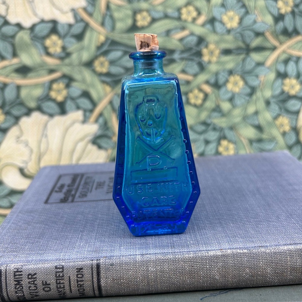 Vintage Blue Wheaton RIP Bottle Coffin Glass Poison Bottle Skull & Crossbones